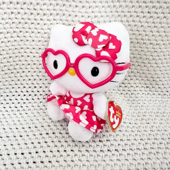 Hello Kitty Other - TY Beanie Baby Hello Kitty Sanrio 2014 Heart Glasses Printed Dress Bow 6" Plush